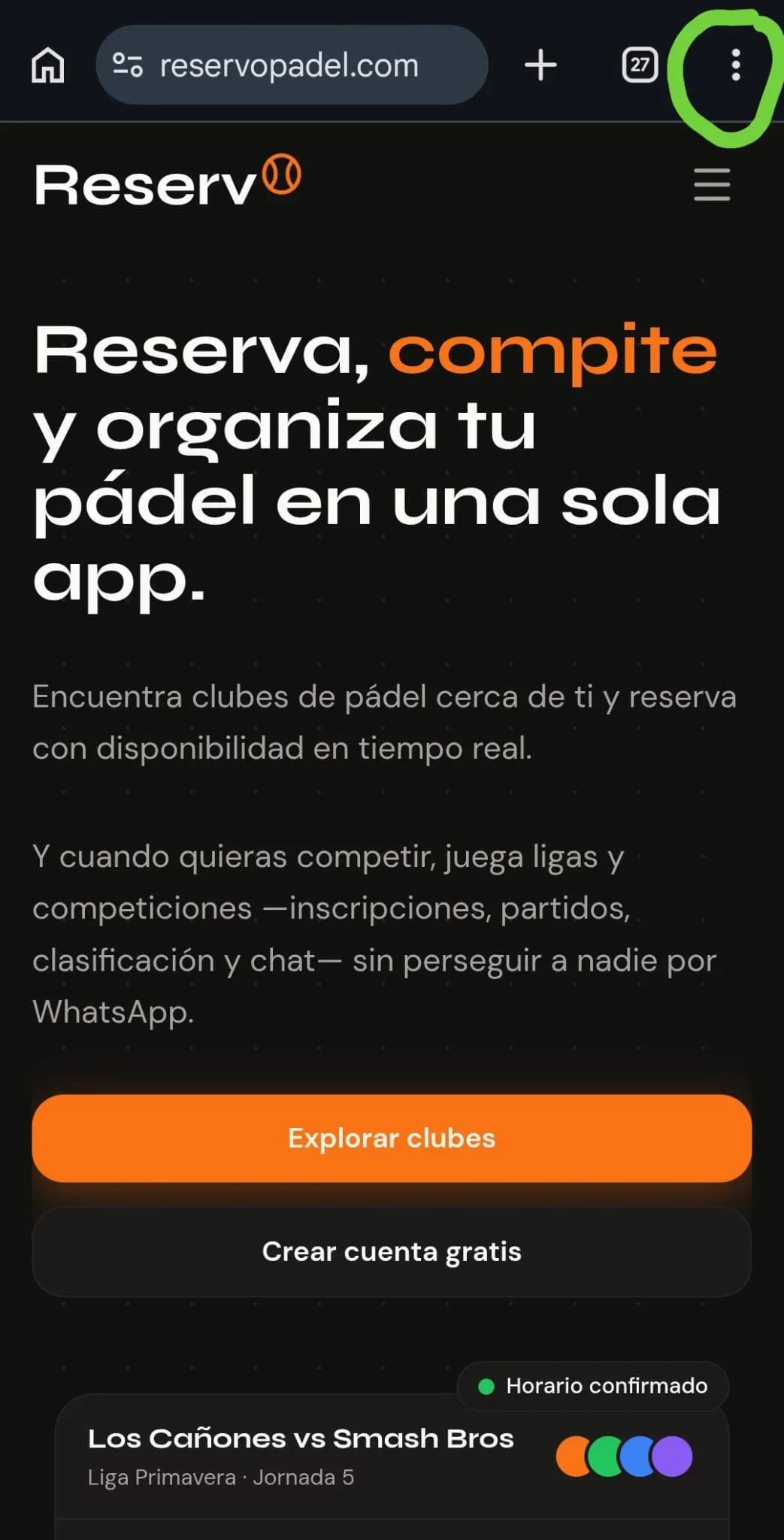 Reservo home screen with Chrome's menu button (three dots) highlighted in the top-right corner