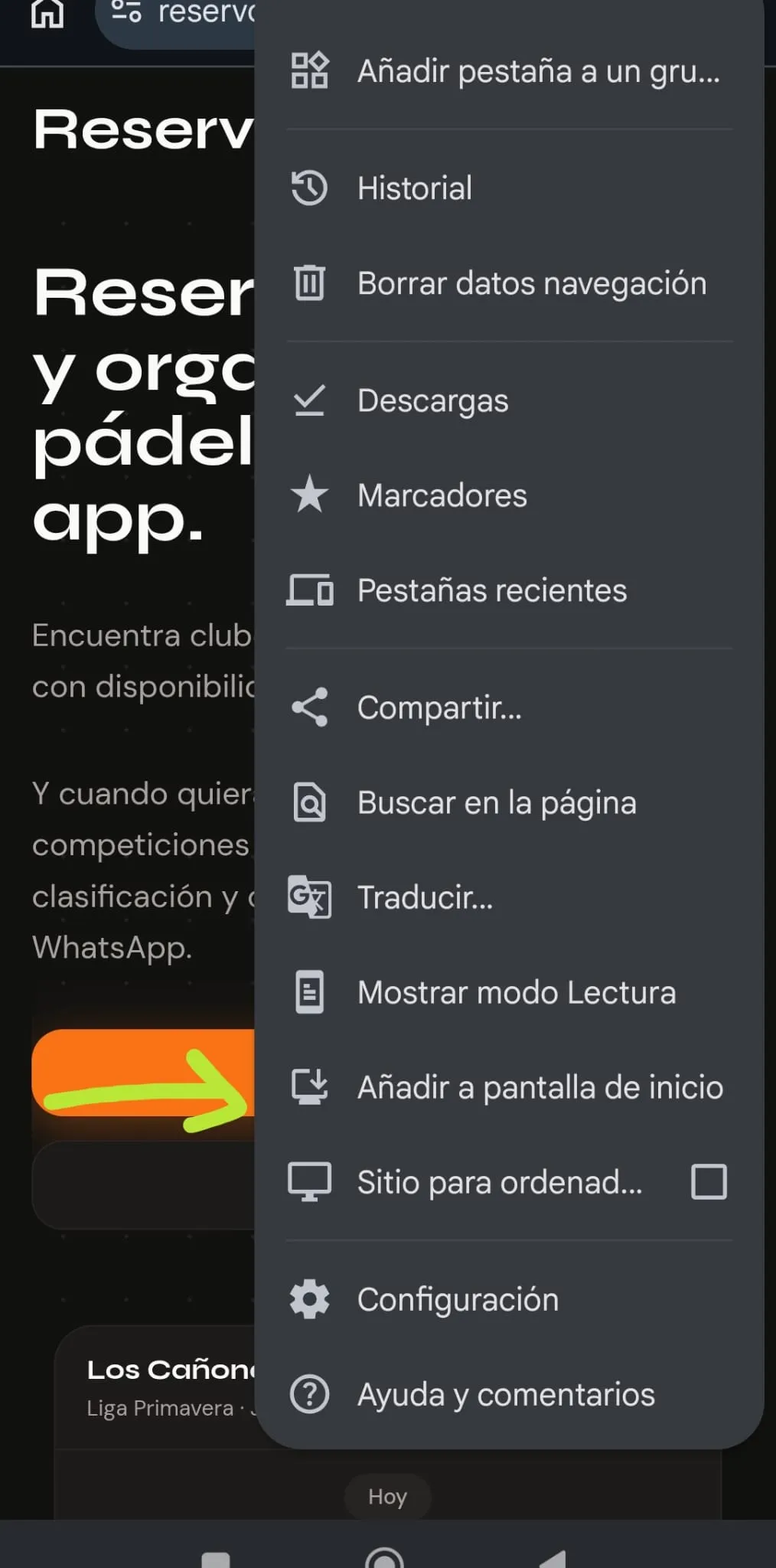 Chrome menu open with the "Add to Home Screen" option highlighted
