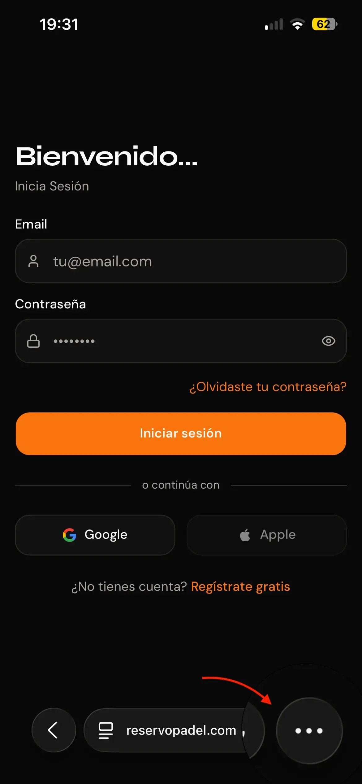 Reservo login screen in Safari with the browser menu button highlighted