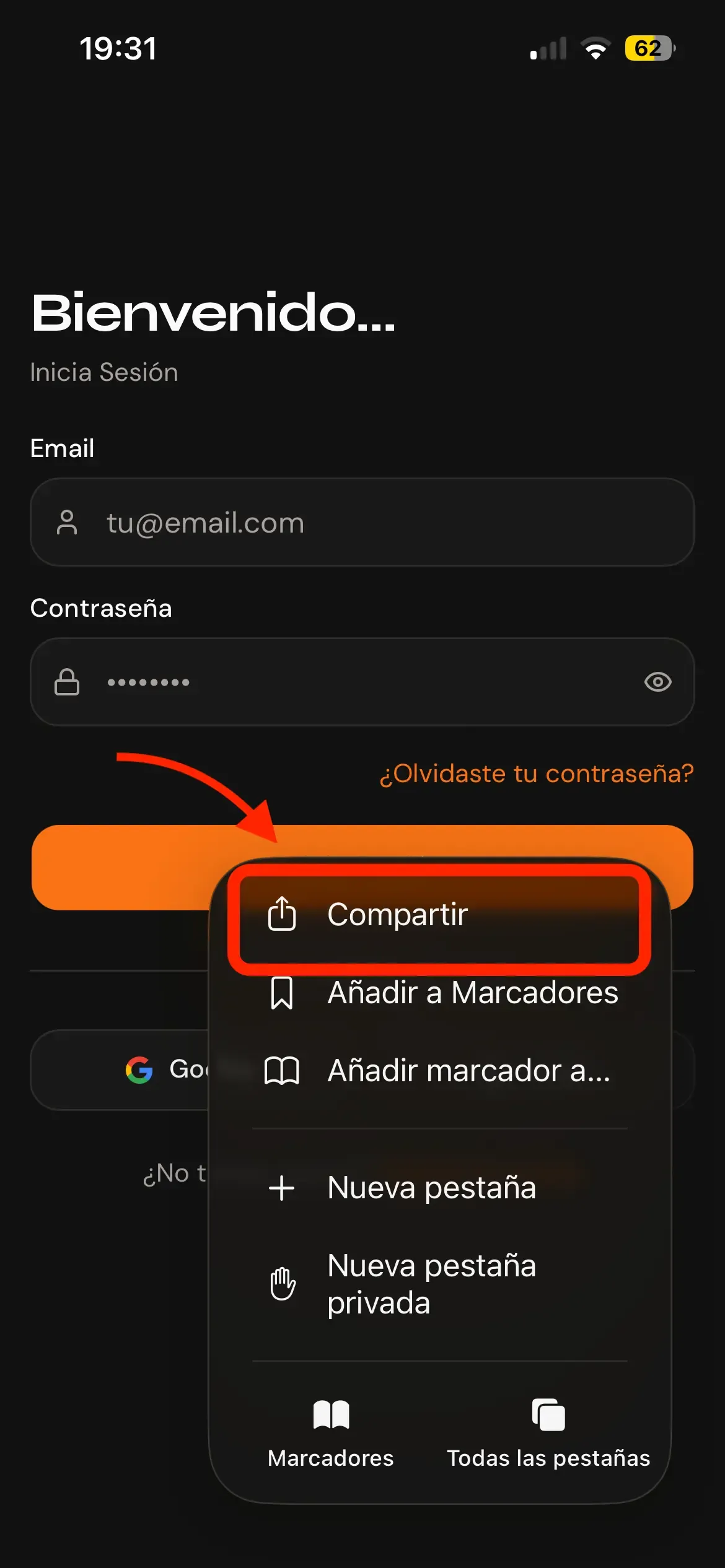 Safari menu on iPhone with the "Share" option highlighted
