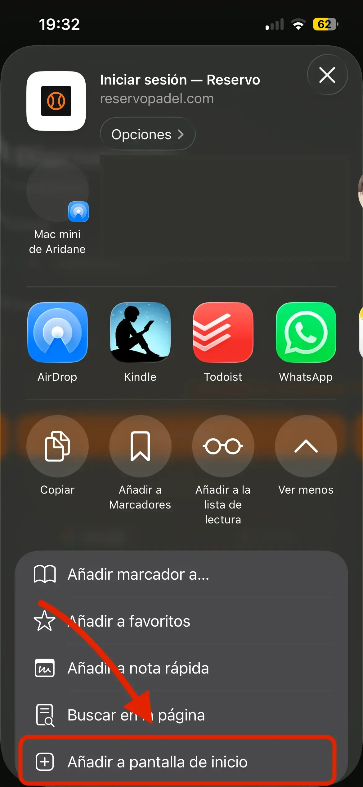 Safari share sheet with the "Add to Home Screen" option highlighted