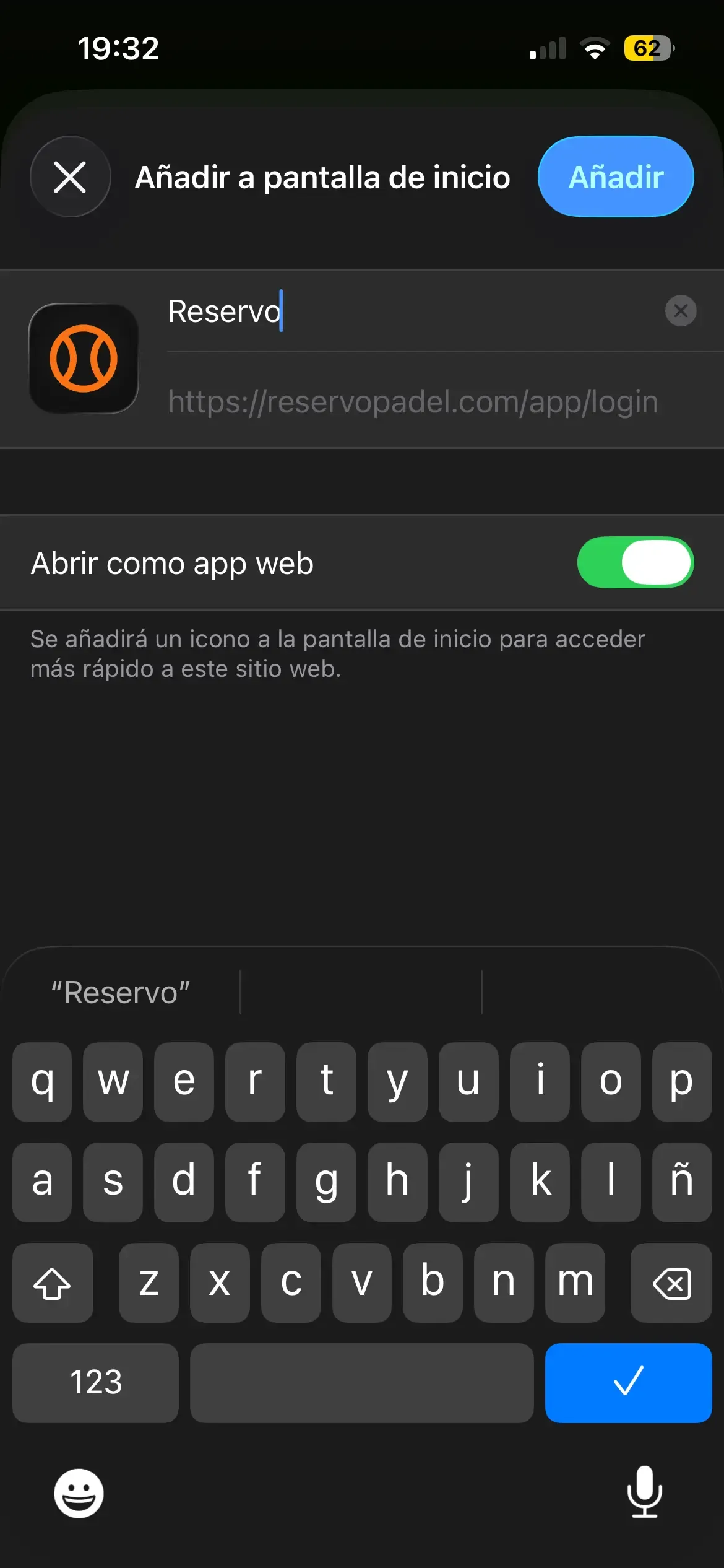 Final Safari screen for adding Reservo to the home screen